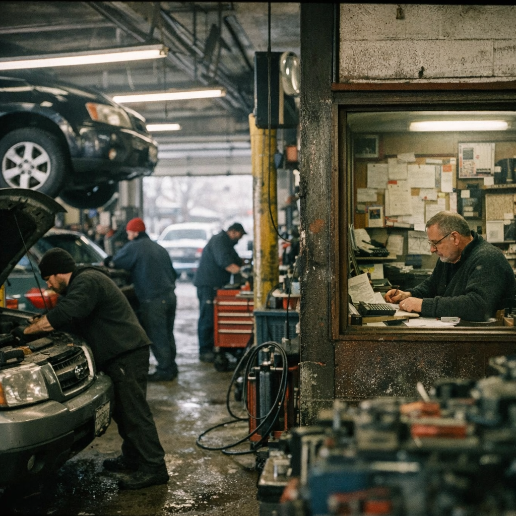 Busy Chicago auto repair shop with technicians working efficiently in multiple bays