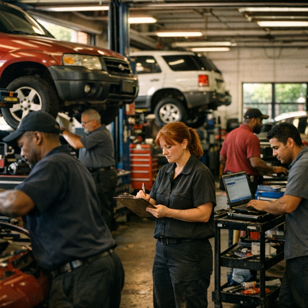 Busy but organized Atlanta auto repair shop with multiple bays and diverse technicians working calmly